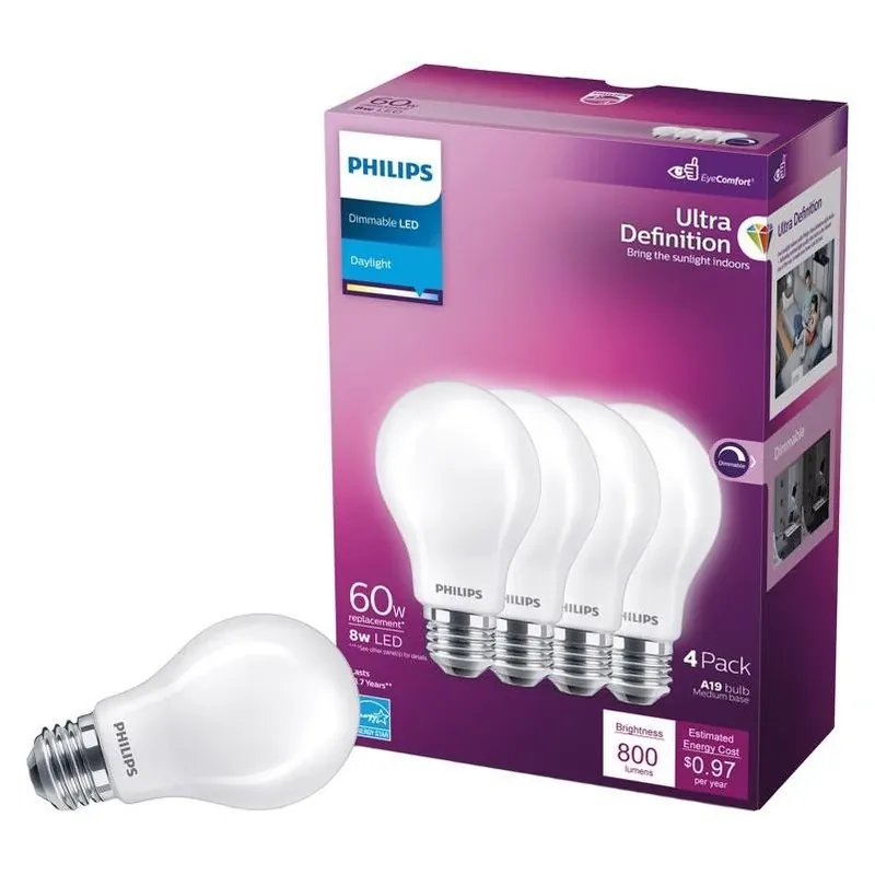 Philips Ultra Definition A19 LED Daylight Bulb – 8W (60W Equivalent) – 4‑Pack, Dimmable, Frosted
