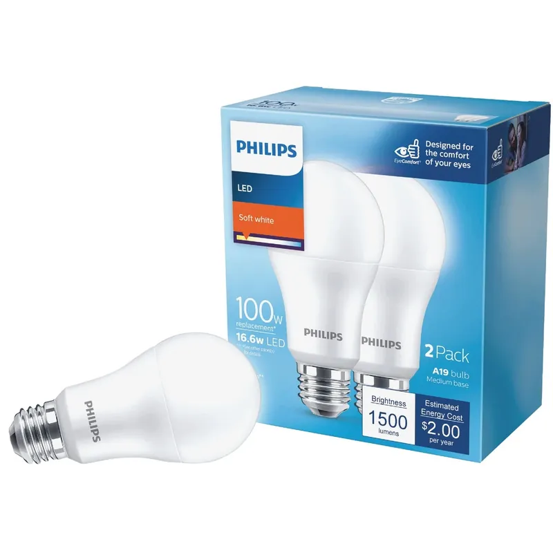 Philips A19 E26 (Medium) LED Bulb Soft White 100 Watt Equivalence 2 Pk