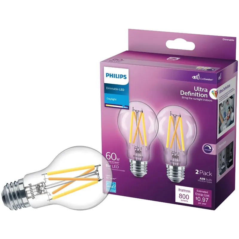 Philips Ultra Definition A19 E26 (Medium) LED Bulb Daylight 60 Watt Equivalence 2 Pk
