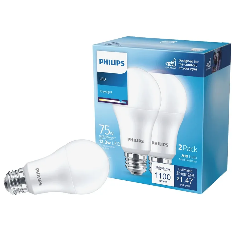 Philips A19 E26 (Medium) LED Bulb Daylight 75 Watt Equivalence 2 Pk