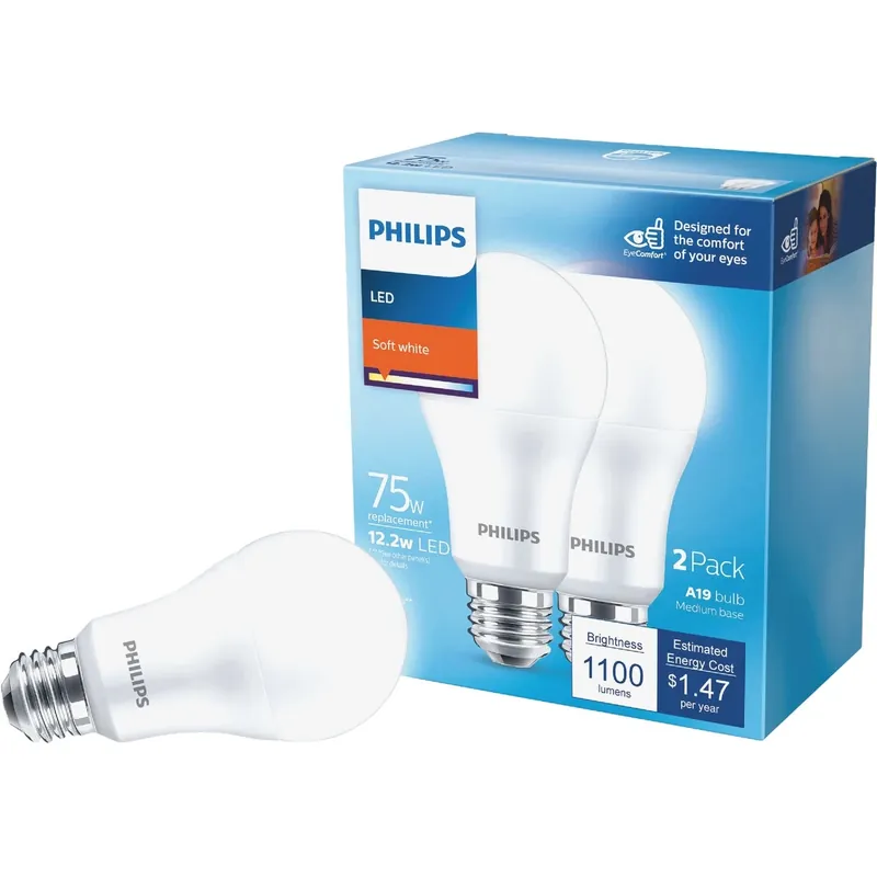 Philips A19 E26 (Medium) LED Bulb Soft White 75 Watt Equivalence 2 Pk