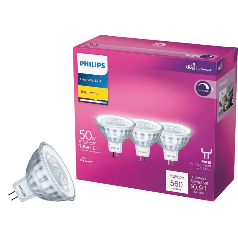 Philips MR16 GU5.3 LED Floodlight Bulb Bright White 50 Watt Equivalence 3 Pk