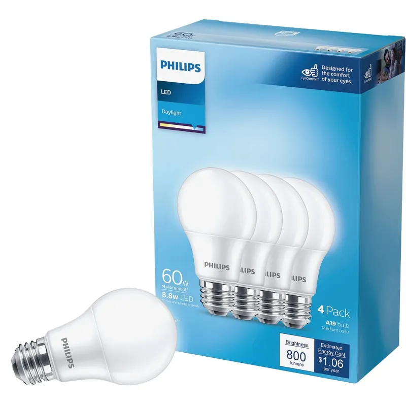 Philips A19 E26 (Medium) LED Bulb Daylight 60 Watt Equivalence 4 Pk