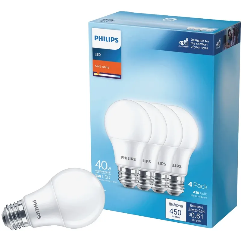 Philips A19 E26 (Medium) LED Bulb Soft White 40 Watt Equivalence 4 Pk