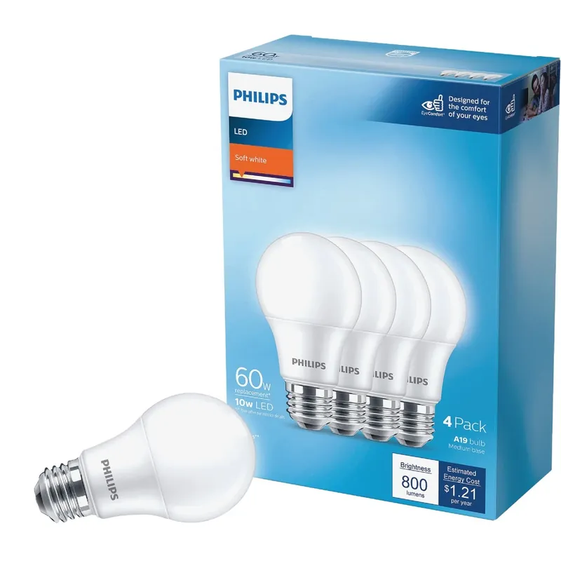 Philips A19 E26 (Medium) LED Bulb Soft White 60 Watt Equivalence 4 Pk