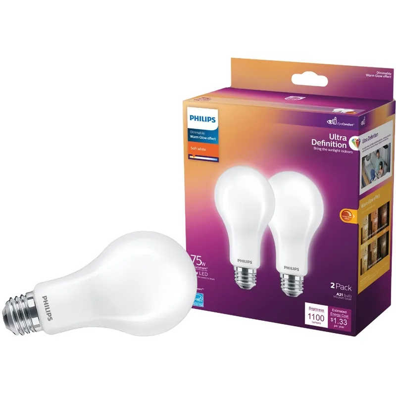 Philips A21 E26 (Medium) LED Bulb Soft White 75 Watt Equivalence 2 Pk
