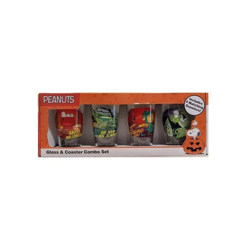 NMR Halloween Peanuts 16‑oz Glassware Set With 8 Matching Coasters – Festive Party Drinkware
