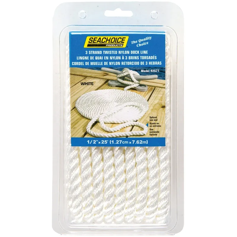 1/2 In. X 25 Ft. White 3-strand Twisted Nylon Dock Line With Eye Splice