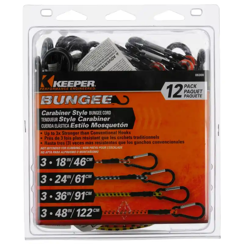 Keeper Assorted Carabiner Style Bungee Cord 18 In. L X 0.315 In. 12 Pk