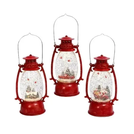 3 Piece Holiday Scene Spinning Glitter Water Snow Globe Red Hurricane Lanterns