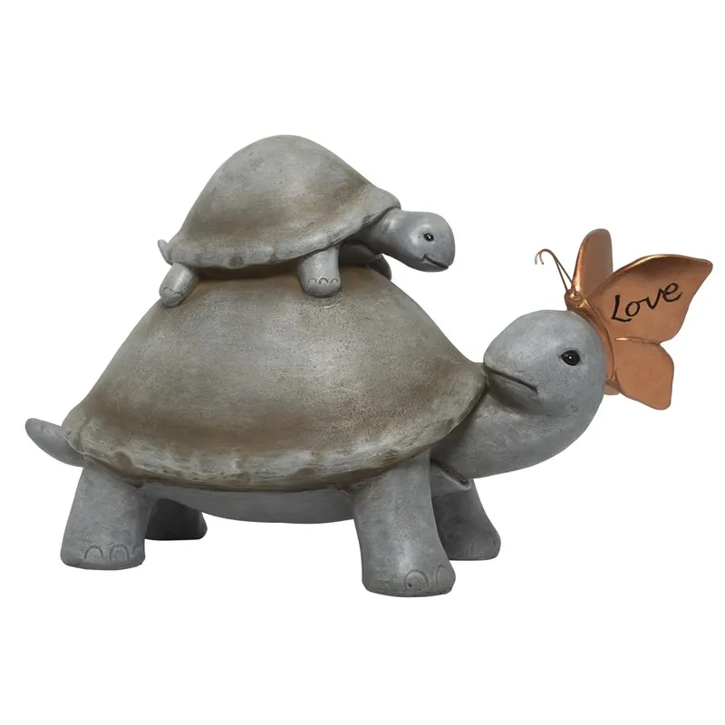 Polyresin Multi-color 9 In. Mother And Baby Turtle With Love Butterfly Garden Statue