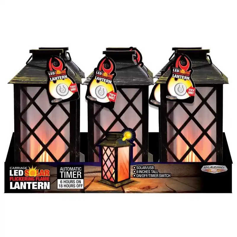 9 In. Solar Power Plastic Carriage Flicker Flame Lantern - Assorted Colors