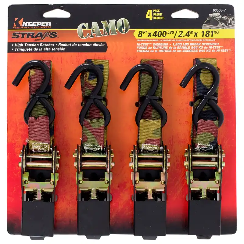 Keeper 1 In. W X 8 Ft. L Camo Tie Down W/Ratchet 400 Lb 4 Pk