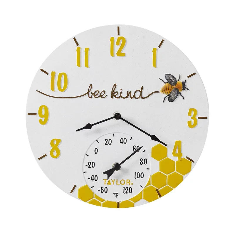14 In. Bee Kind Poly-resin Clock And Thermometer - Indoor/outdoor Decor