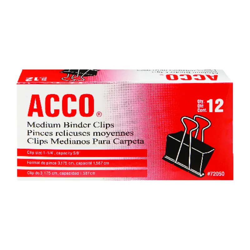 Acco Medium Black/Silver Binder Clips 12 Pk