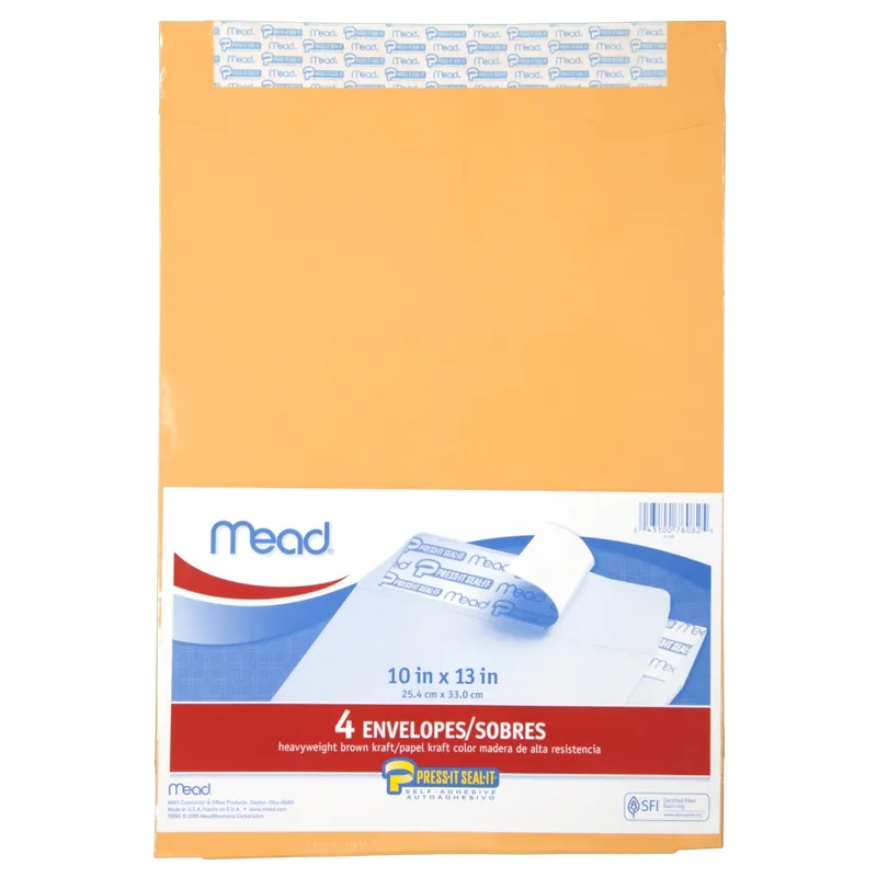 Mead Products 76082 Mead Products 76082 10 In. X 13 In. Heavyweight Kraft Press-It-Seal-It Envelopes 4 Cou
