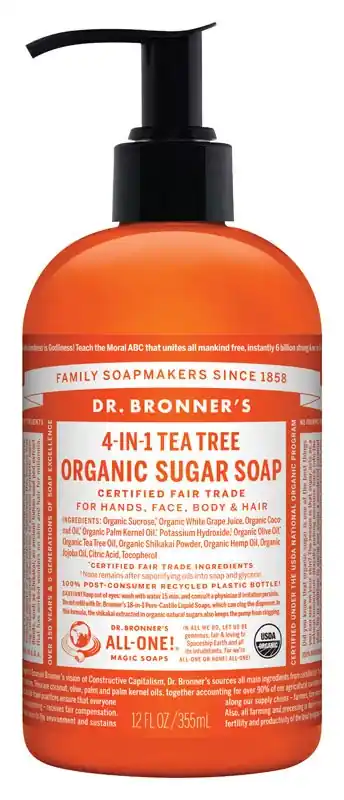 Organic Sugar Soap, 4-In-1, Tea Tree, 12-oz.
