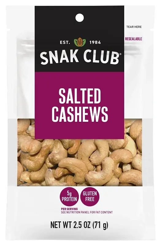 Snak Club Salted Cashews 2.5 Oz Bagged