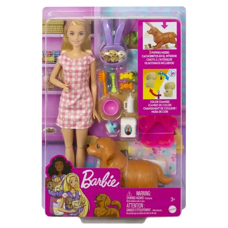 Barbie Doll & Newborn Pups Playset Multicolored 16 Piece Set