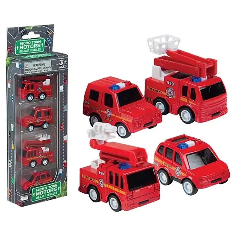 Playmaker Toys Red Die-Cast Fire Truck Set – 4 Mini Vehicles