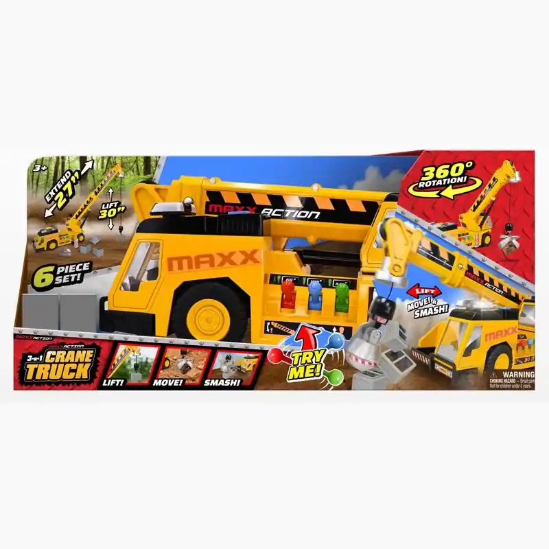 Maxx Action 3-n-1 Crane Truck Yellow 6 Pc