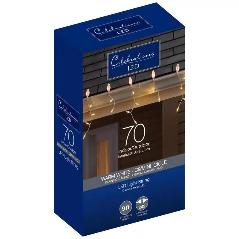 Celebrations Blue LED C9 Warm White 70 Ct Icicle Christmas Lights 9 Ft.