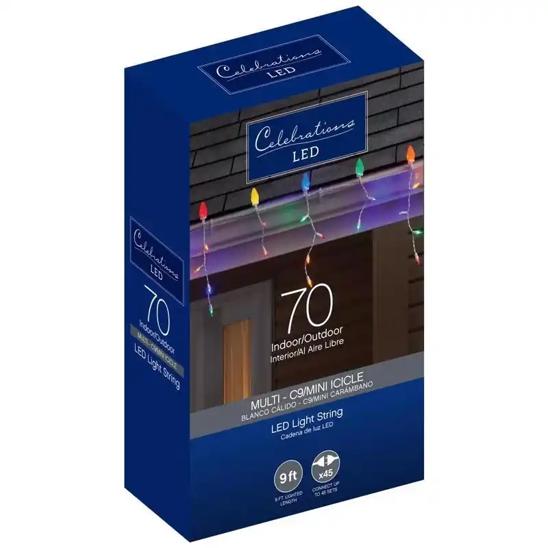 Celebrations Blue LED C9 Multicolored 70 Ct Icicle Christmas Lights 9 Ft.