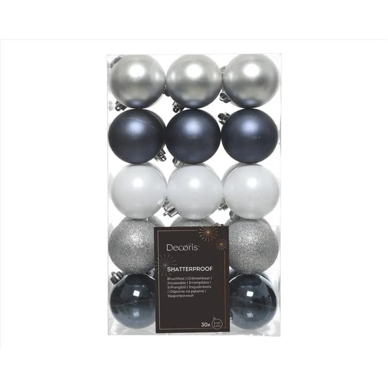 Decoris Shatterproof Holiday Ornaments – Blue, Silver & White Assortment, 30‑Piece Set