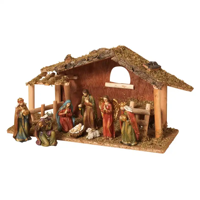 15.25 In. L Gerson Resin Nativity Scene With Moss Stable - 9 Piece Set