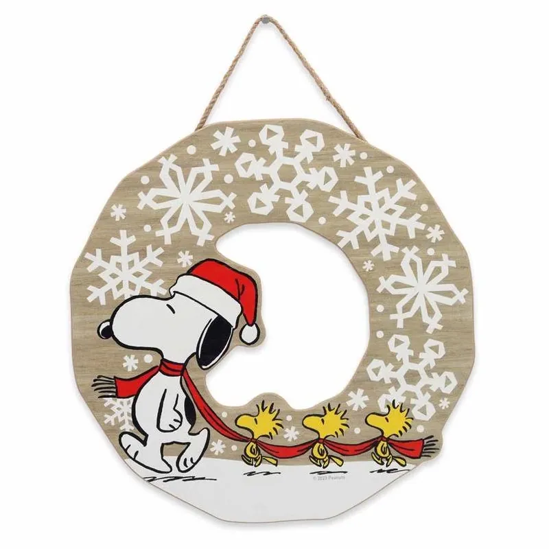 Open Road Brands Peanuts Snoopy And Woodstock Snowflake Wreath Christmas Hanging Wall Decor MDF Wood
