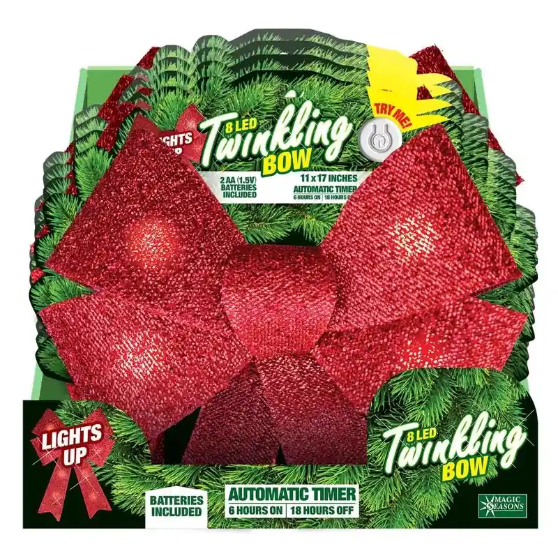 LED Twinkling Light Christmas Bow, Timer, 11 X 17 In.