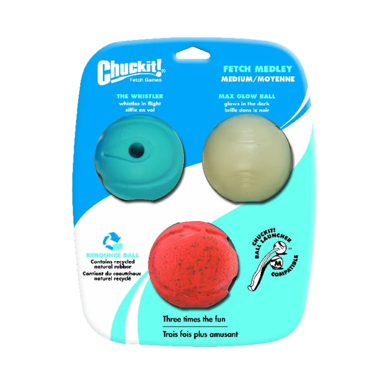 Chuckit! For Dog Assorted Rubber Glow, Whistler And Rebounce Bounce Ball Medium 3 Pk