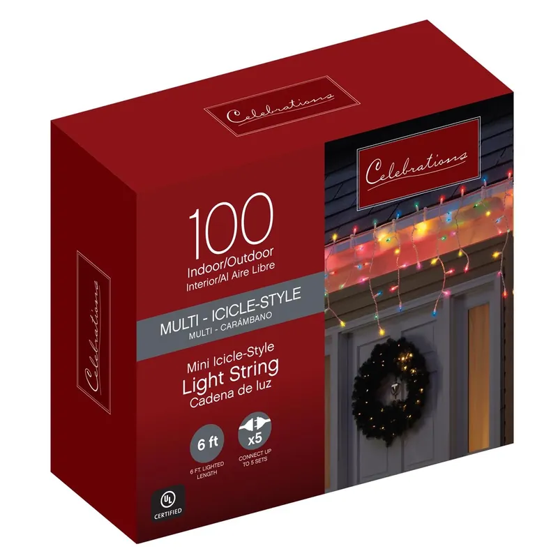 Incandescent Mini Multicolored 100 Count Icicle Christmas Lights 5.67 Ft.