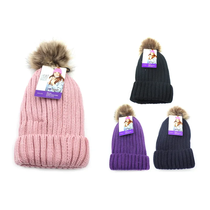 Diamond Visions Heat Max Fur Pom-Pom Thermal Hat Acrylic 1 Pc