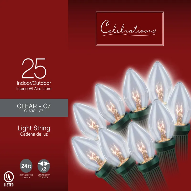 Incandescent C7 Clear String Christmas Lights 25 Ft. 25 Bulbs