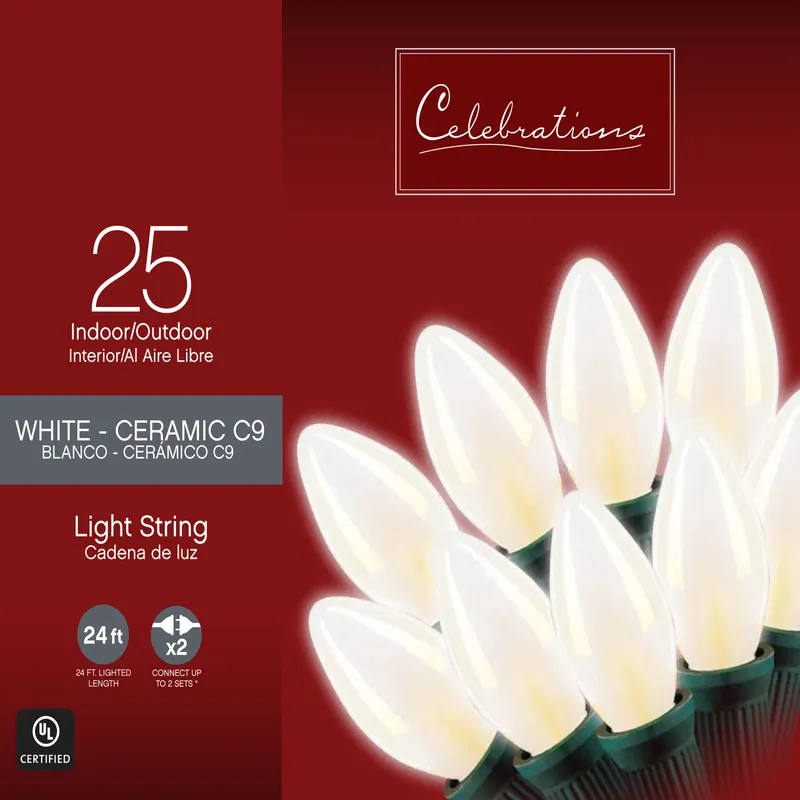 Incandescent C9 White String Christmas Lights 25 Ft. 25 Bulbs