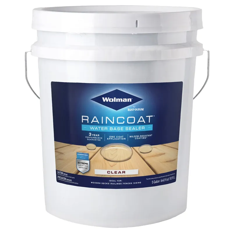 Raincoat 1-Coat Transparent Exterior Wood Sealer, Water Based, Water Repellant, Clear, 5-Gallons