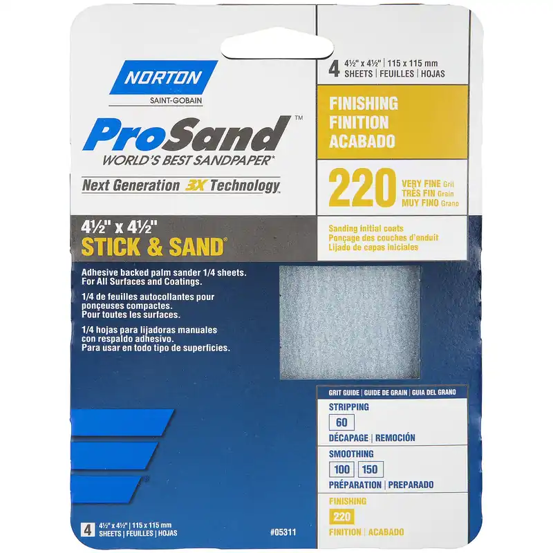 Norton ProSand 4-1/2 In. L X 4-1/2 In. W 220 Grit Aluminum Oxide Sanding Sheet 4 Pk