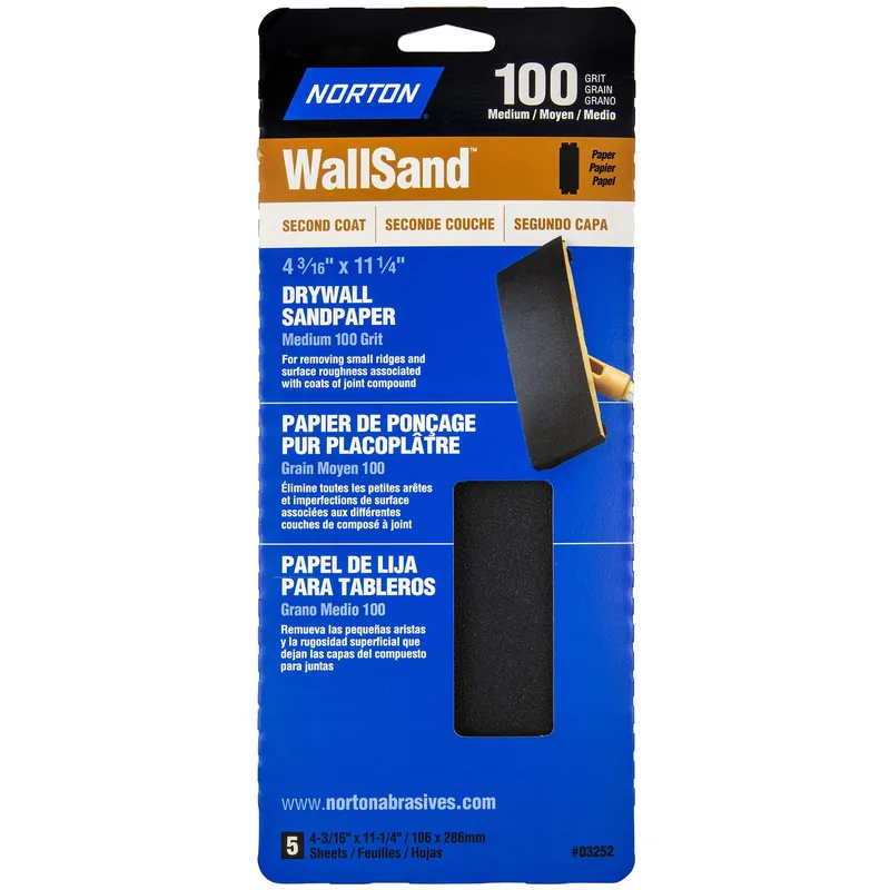 Norton WallSand 11-1/4 In. L X 4-3/16 In. W 100 Grit Silicon Carbide Sandpaper 5 Pk