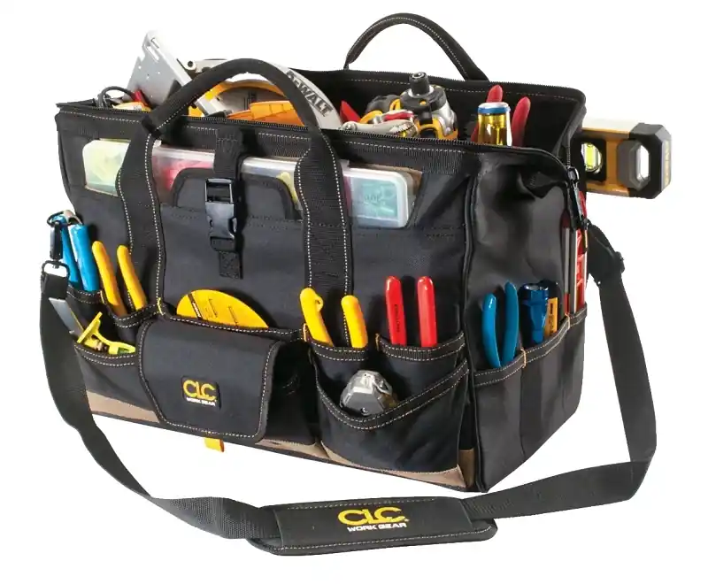 10 In. W X 11 In. H Polyester Tote Bag With Plastic Tray, 37 Pockets, Black/tan