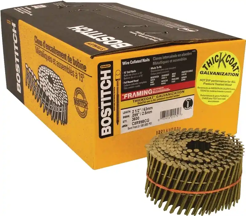 Bostitch 2-1/2 In. L X 13 Ga. Angled Coil Galvanized Framing Nails 15 Deg 3600 Pk