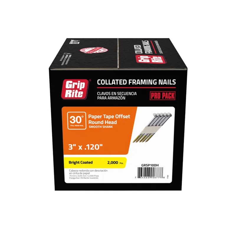 Grip-Rite 3 In. L X 12 Ga. Angled Strip Bright Framing Nails 30 Deg 2000 Pk