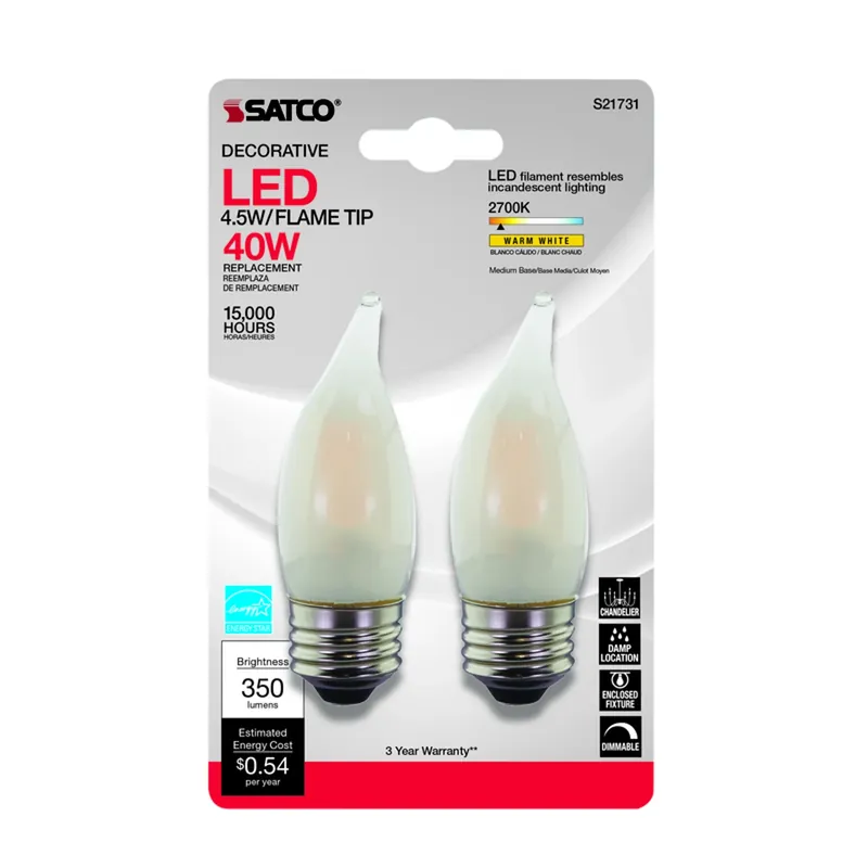 Satco CA10 (Flame Tip) E26 (Medium) LED Bulb Warm White 40 Watt Equivalence 2 Pk