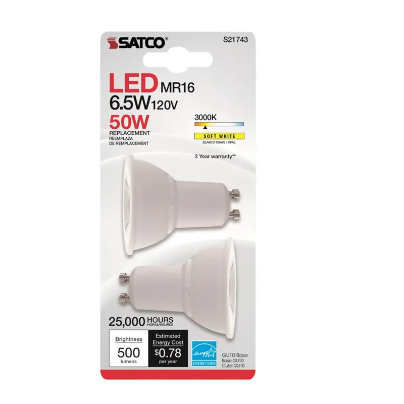 Satco MR16 GU10 LED Bulb Soft White 50 Watt Equivalence 2 Pk