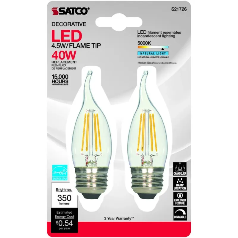Satco 4.5W Flame‑Tip LED Bulb – Natural Light, Dimmable, 40W Equivalent (2‑Pack)