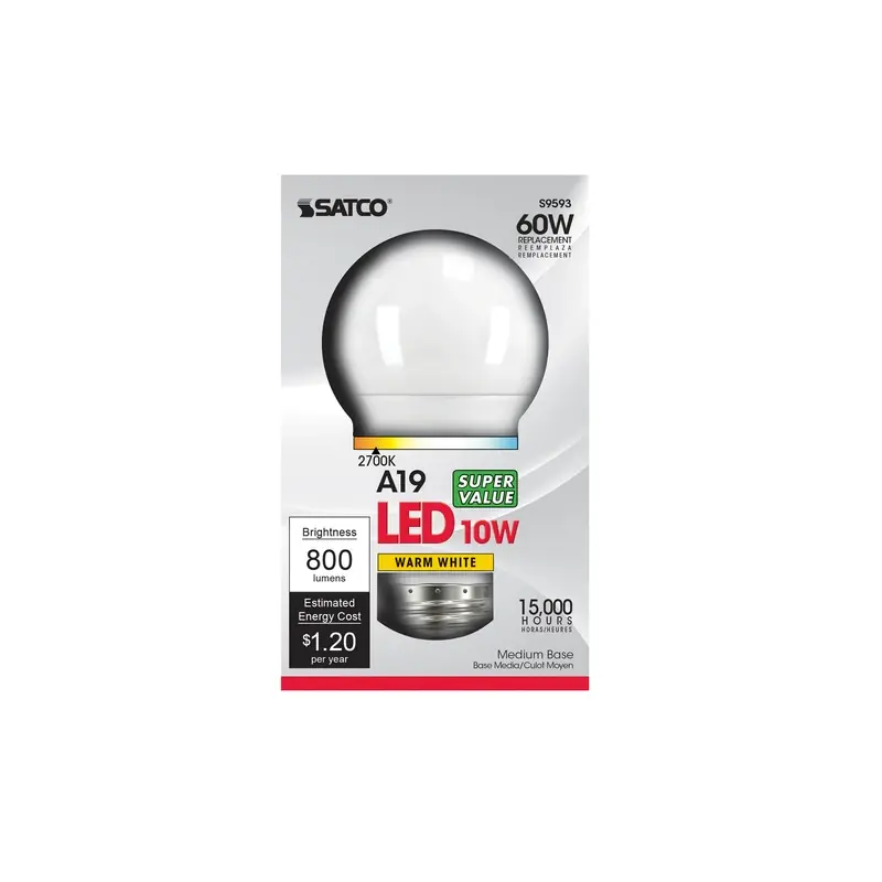 Satco A19 E26 (Medium) LED Bulb Warm White 60 Watt Equivalence 1 Pk
