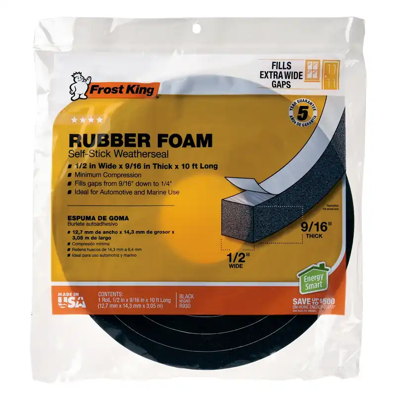 Rubber Foam Weatherseal Tape, 1/2W X 9/16 In. T X 10 Ft.