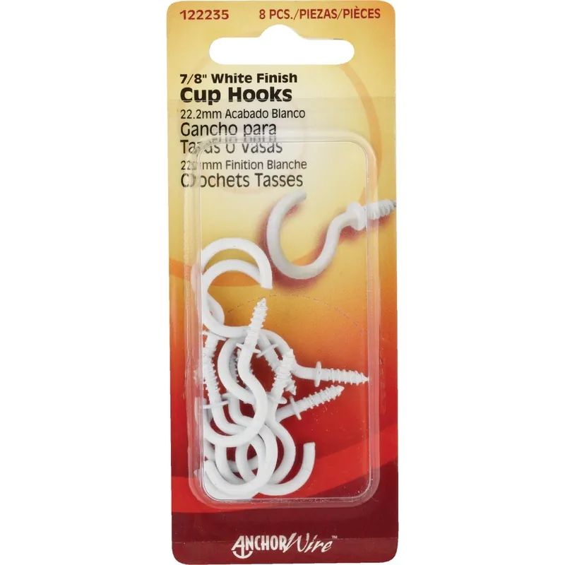 HILLMAN Small White Metal 7/8 In. L Cup Hook 1 Lb 8 Pk