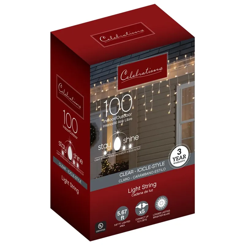 Celebrations Red Incandescent Mini Clear/Warm White 100 Ct Icicle Christmas Lights 5.67 Ft.