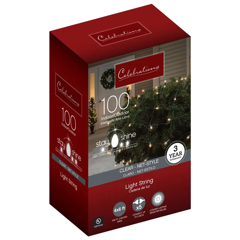 Celebrations Red Incandescent Mini Clear/Warm White 100 Ct Net Christmas Lights 6 Ft.